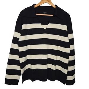 Talbots Womens Black Striped Milano Stitch Wool Blend Johnny Collar Sweater XL